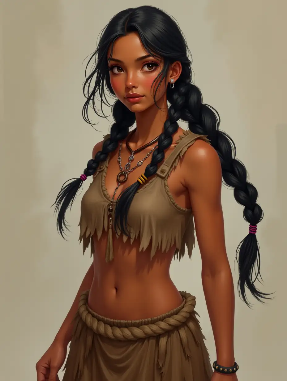 a beautiful girl, redskin, Indian, Cherokee, Native American, long black hair braided into a ponytail, dress made of skins, sleeveless, dynamic pose, Native American style, detailed, high resolution,