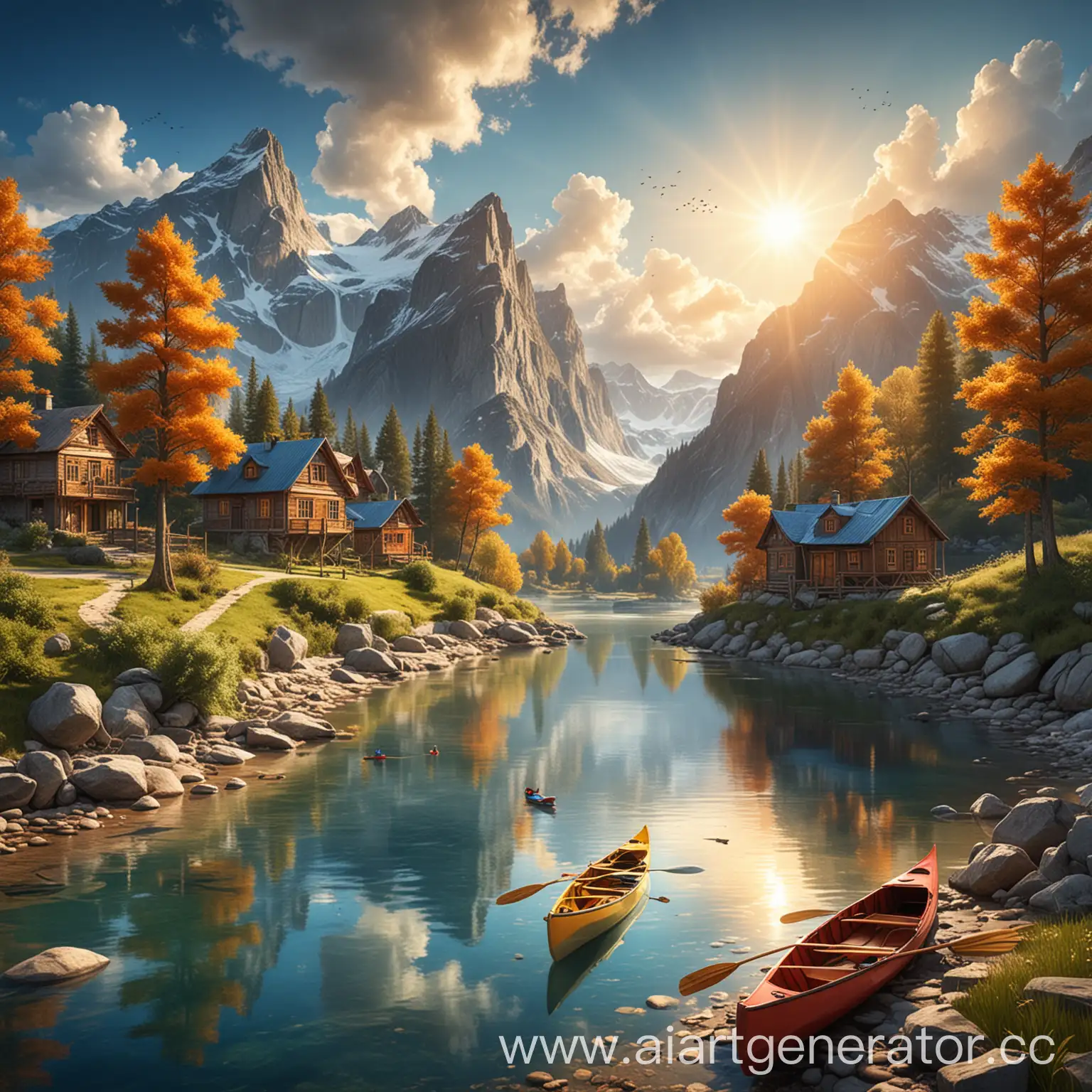 Magical-Landscape-with-Mountains-Rivers-and-Canoe-Under-a-Blue-Sky