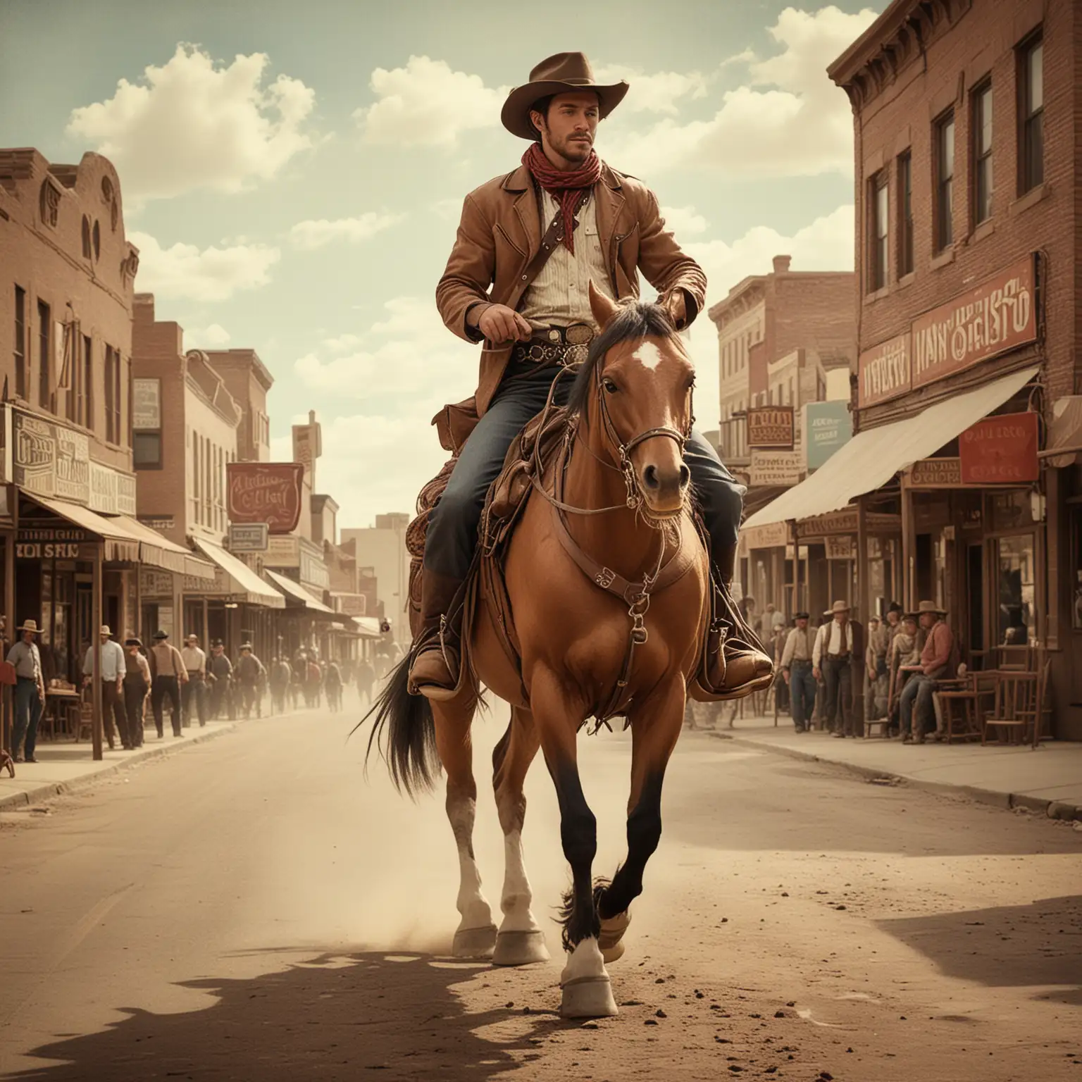 Vintage Cowboy Riding into Town Scene