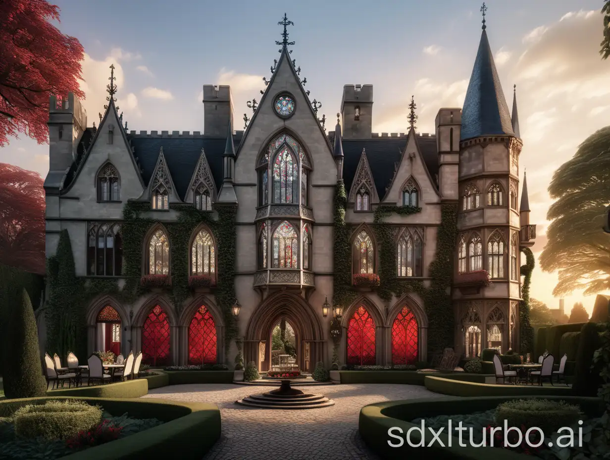 A medieval Gothic mansion with a color scheme of black, white, and red, featuring pointed arch windows adorned with intricate religious narrative stained glass, and the exterior walls covered with lush ivy. In the front garden, nobles are gathered around exquisitely set tables, enjoying afternoon tea, with fine tea sets and delicacies arranged with care. The background is a dusk sky, with golden sunlight casting over the mansion and garden, creating a tranquil and regal atmosphere.