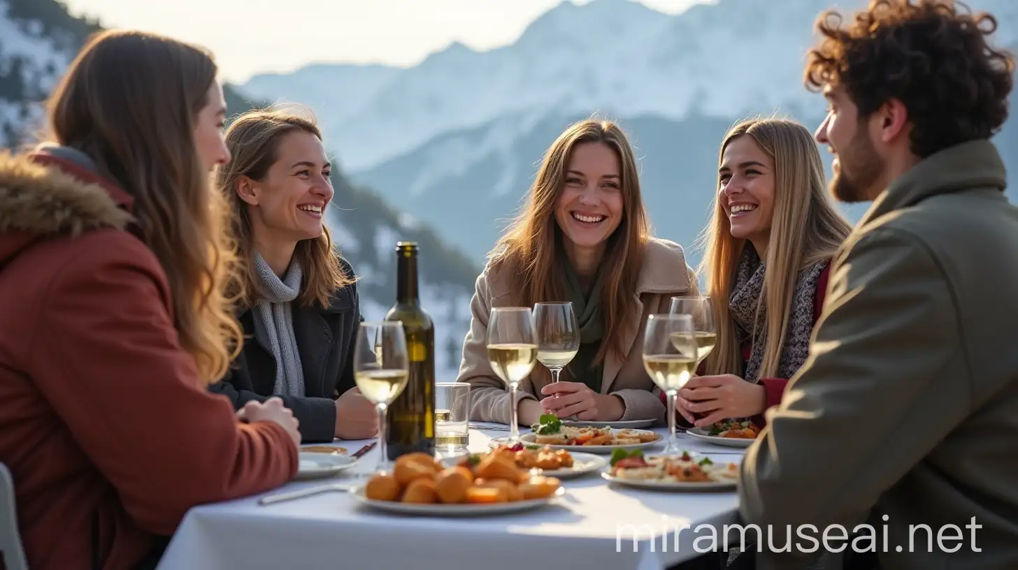 Young Friends Enjoying Wine and Appetizers in a Snowy Mountain Setting