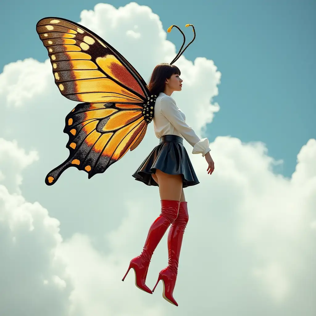 A photo of a modern fairy with long moth antennae. She is wearing a white blouse, a black patent leather miniskirt with golden patterns, and red patent latex stiletto thigh-high boots with pointed toes and golden patterns. She is flying in the sky between the clouds with gigantic, large, shiny, iridescent, sparkling, multicolored, peacock patterned butterfly wings. Stiletto high heels is view side.