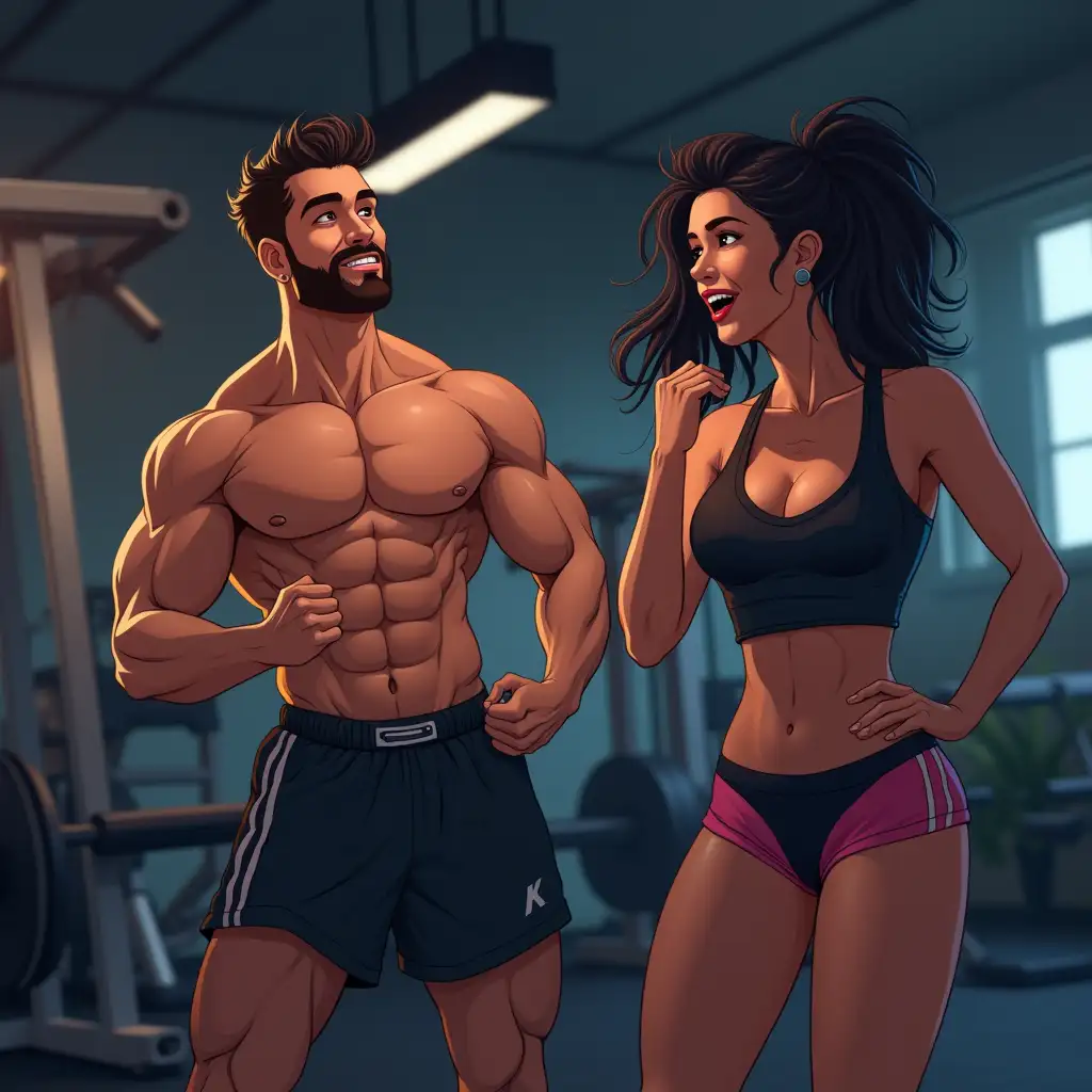 Illustration Man and woman are experiencing in the gym sweating no muscle 4K, illustration cinematic vivid