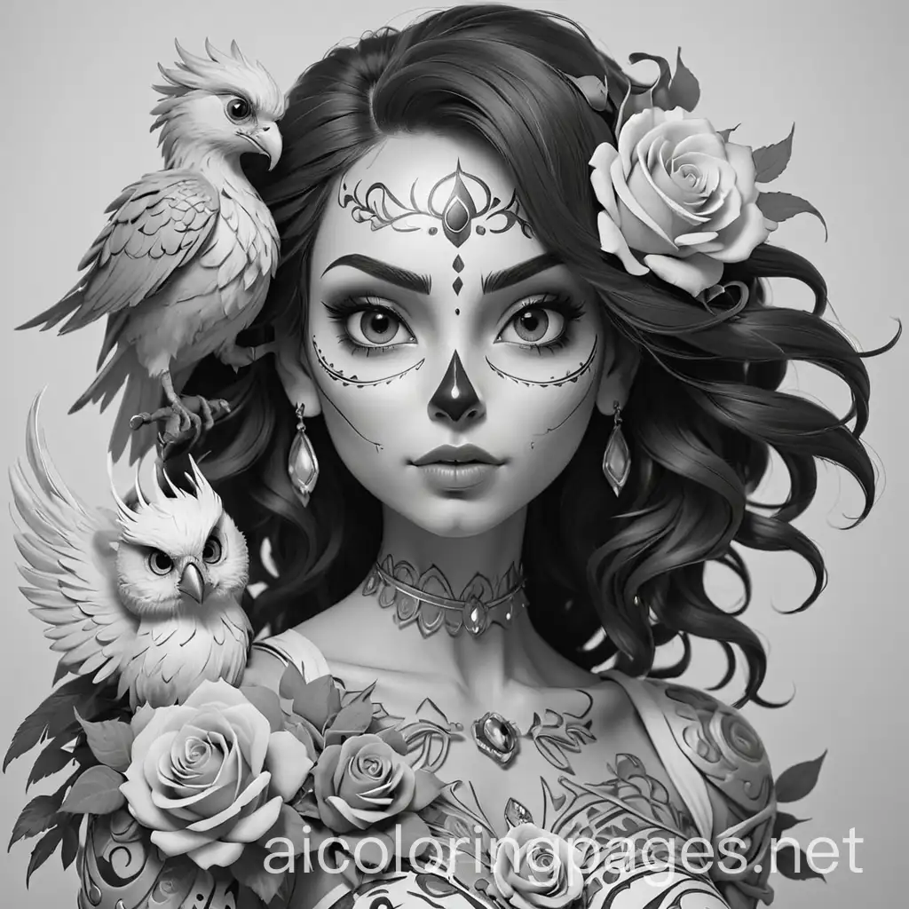 Sugar-Skull-Lady-with-Piercings-Holding-Phoenix-and-Rose-Coloring-Page