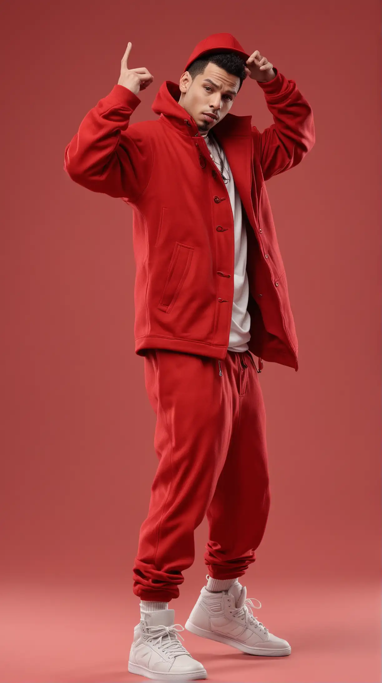 Hip Hop Dancer in Red Coat on Solid Background