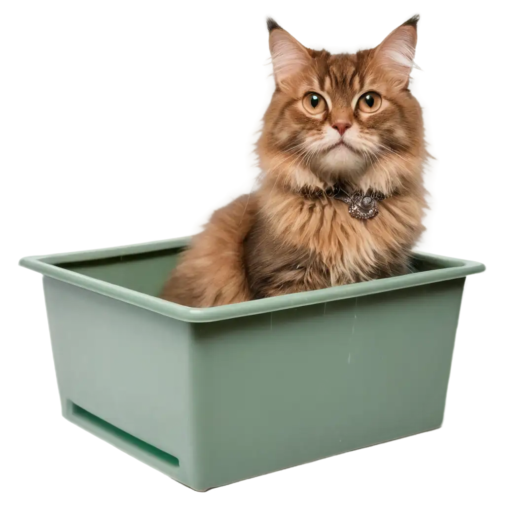 A beautiful, luxurious, fluffy cat sits in her litter tray filled with small granules. Photo without background