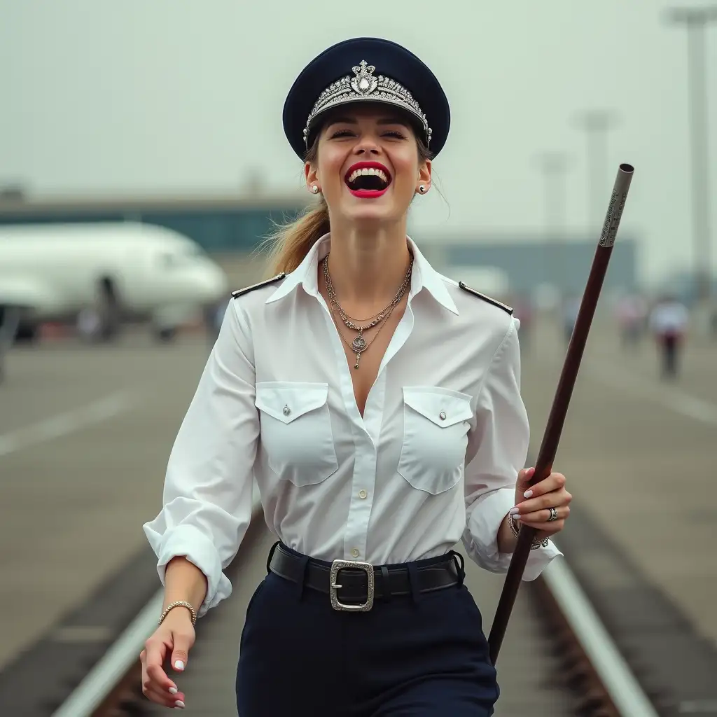 screaming pilot lady , in white unbuttoned airport security shirt, laughing with her mouth open, red lipstick accentuating her smile,belt on waist, jewerly, white skin, HD, holds long riding crop, photo-realism, walking on rails