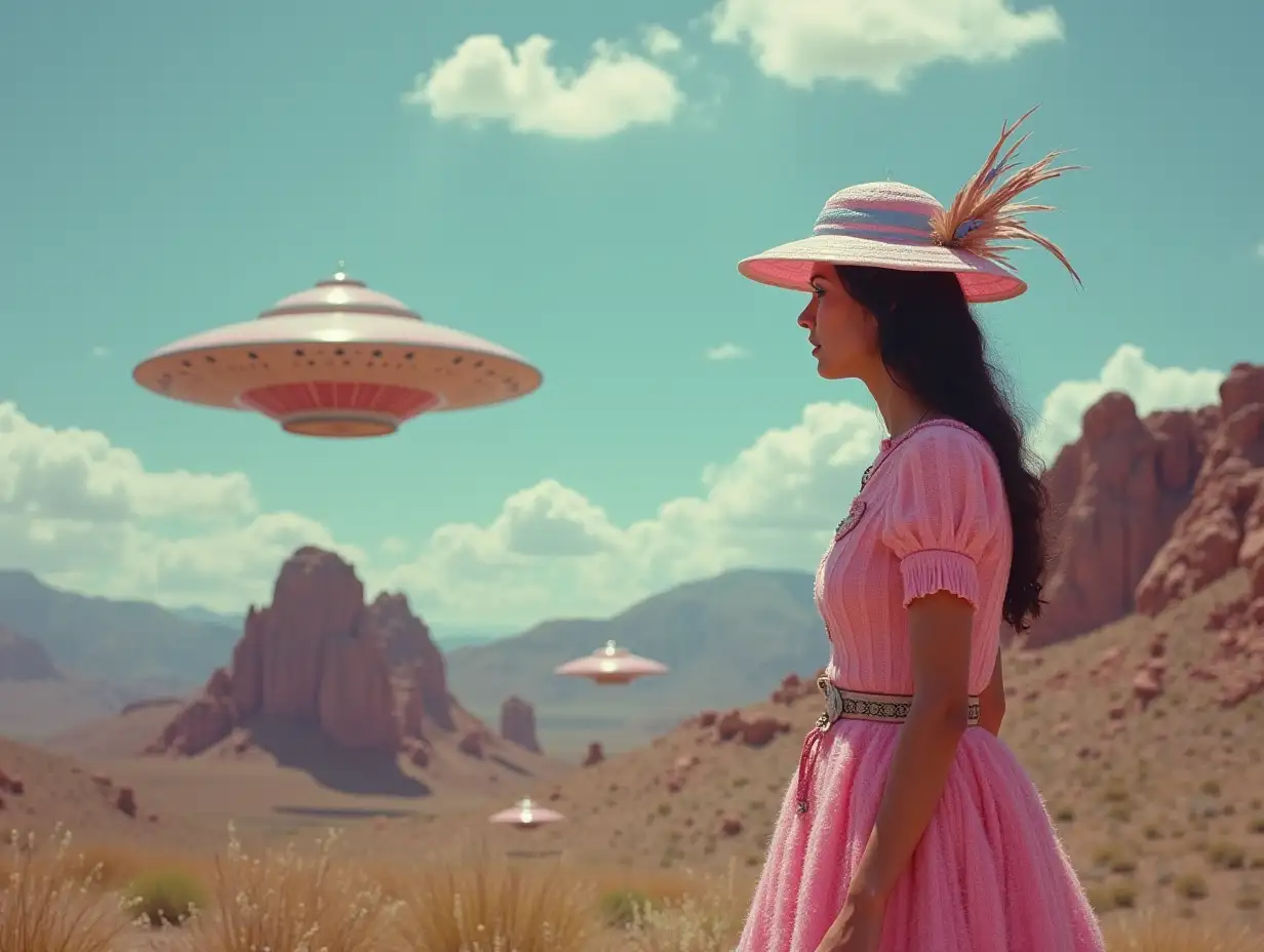 Native-American-Woman-in-Pink-Dress-with-Parasol-Hat-Flying-Saucers-in-1970s-Cinema-Style