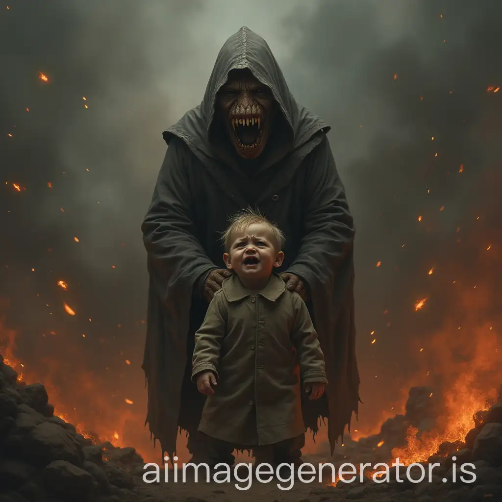 Crying-Child-with-Monstrous-Face-and-Chaotic-Background-of-Smoke-and-Fire