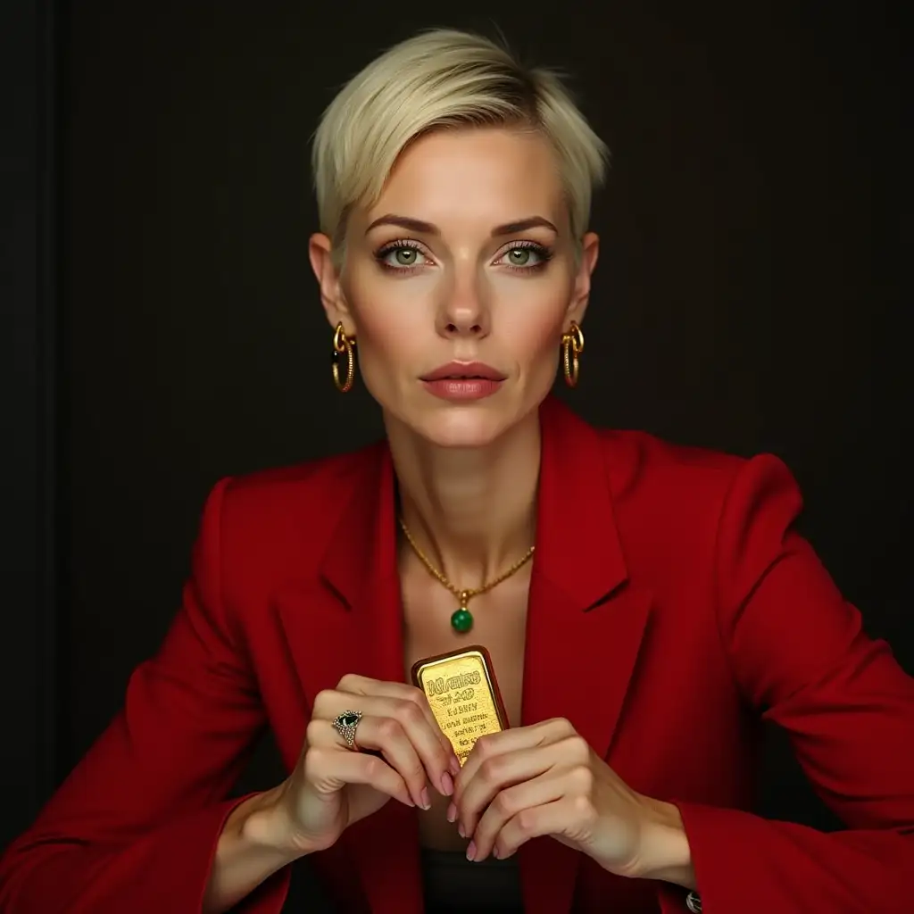 A woman under 40 years old, with green eyes, medium build, height 150 cm, a gold chain necklace with a medium-sized alexandrite pendant on it, round earrings, small ears, short light hair, sitting facing forward, neat nose, red suit, a ring with an alexandrite stone on her finger, thin lips, holding a 16 kilogram gold bar in her hands