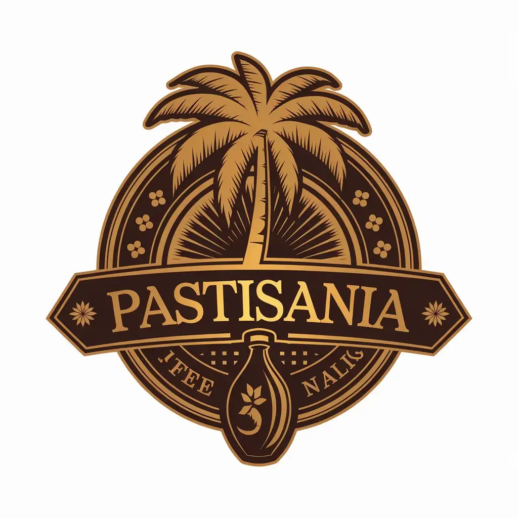 LOGO Design for PASTISANIA Golden Degradation to Black with Palm Tree and Vegetable Oil Theme