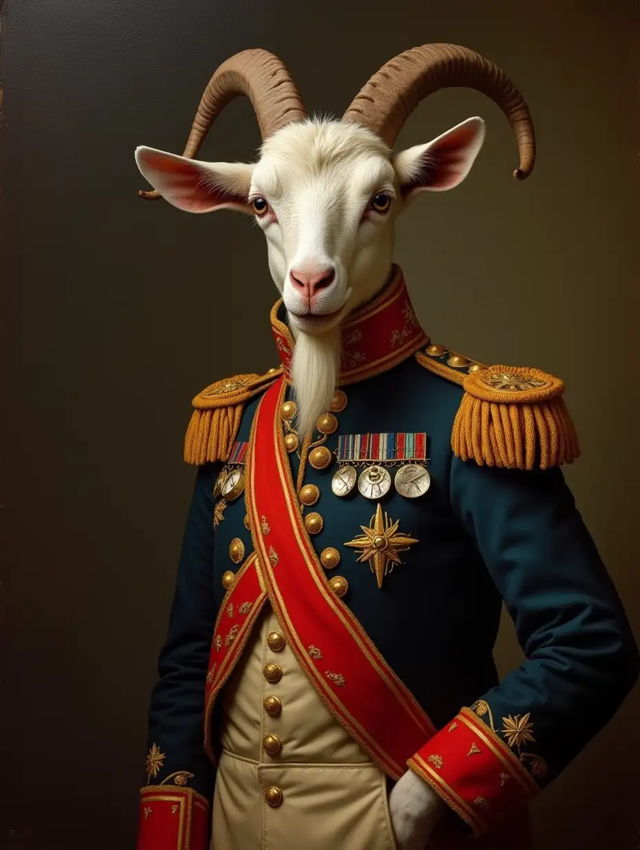 a painting of a goat wearing a military uniform, painted in the style of old masters.