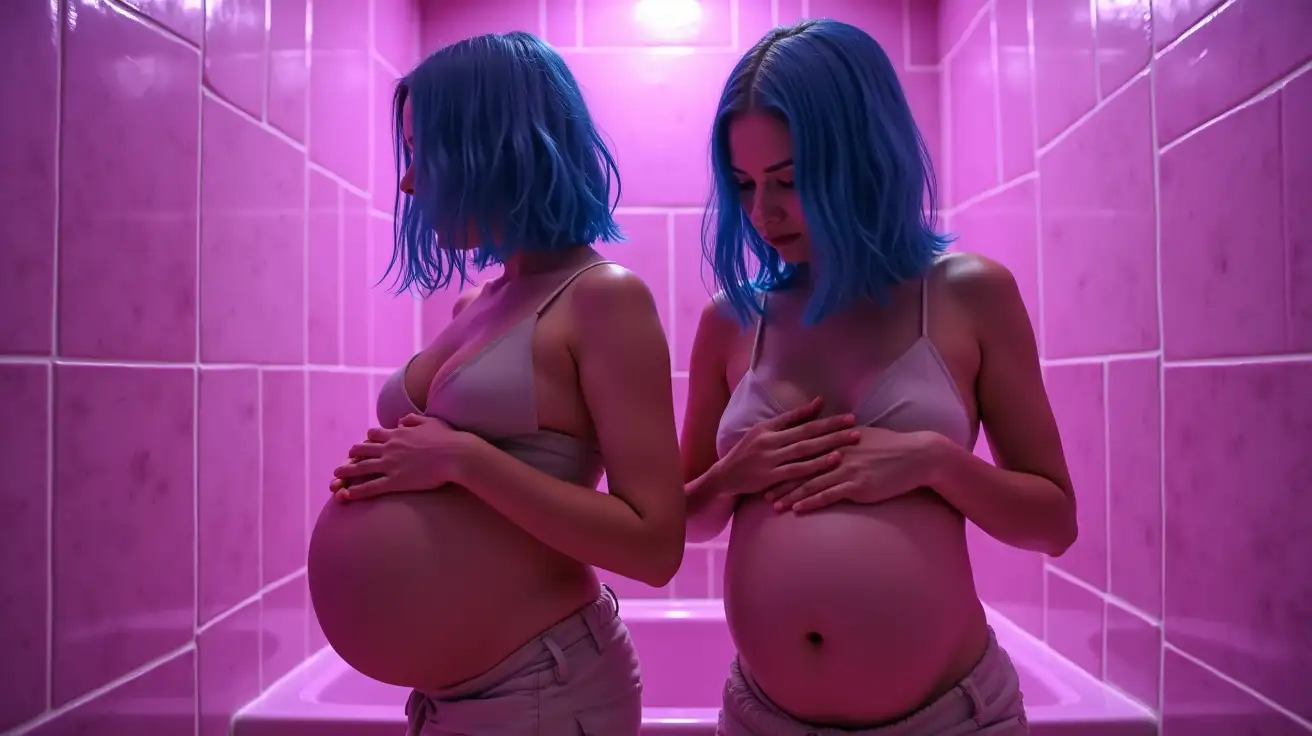 Two-Girls-with-Blue-Bob-Cut-Wigs-and-Pregnant-Bellies-in-Front-of-a-Pink-School-Bath-with-Purple-Lighting