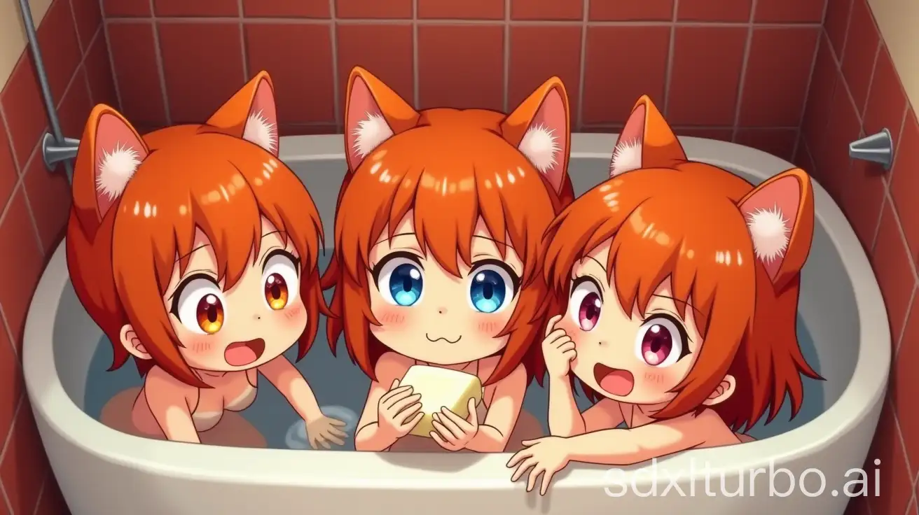 Adorable-Redhead-Little-Girls-with-Cat-Ears-Washing-Mouth-in-Crowded-Preschool-Bathtub