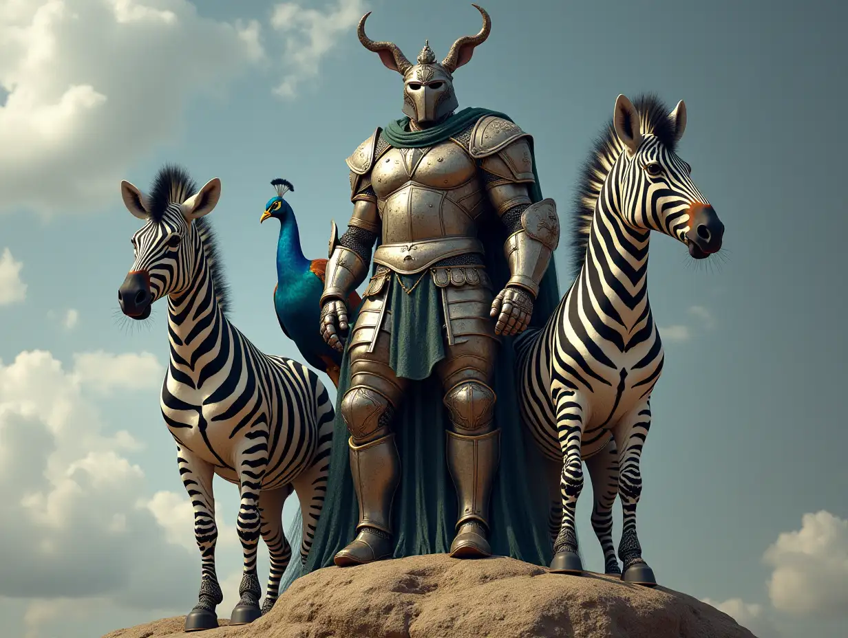 A very detailed photo. A full body representation of an Animal-Hybrid bodybuilder with knight's armor and Zebra and Peacock on a rock