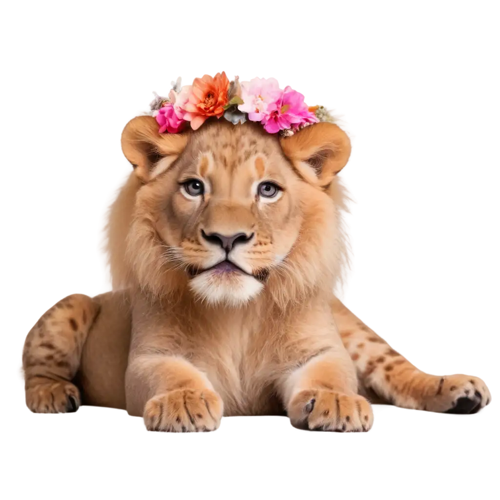 PNG-Image-of-a-Cute-Lion-with-Flowers-on-Head-Lying-Down