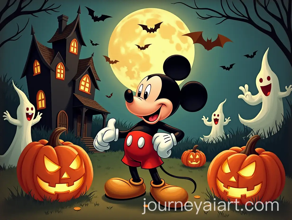 Vintage-Halloween-Cartoon-Scene-with-Mickey-Mouse-and-Spooky-Haunted-House