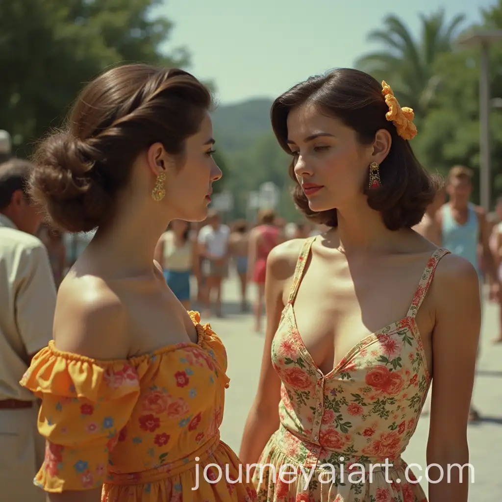 Stylish-Woman-in-Vibrant-Floral-Dress-Engaged-in-Conversation