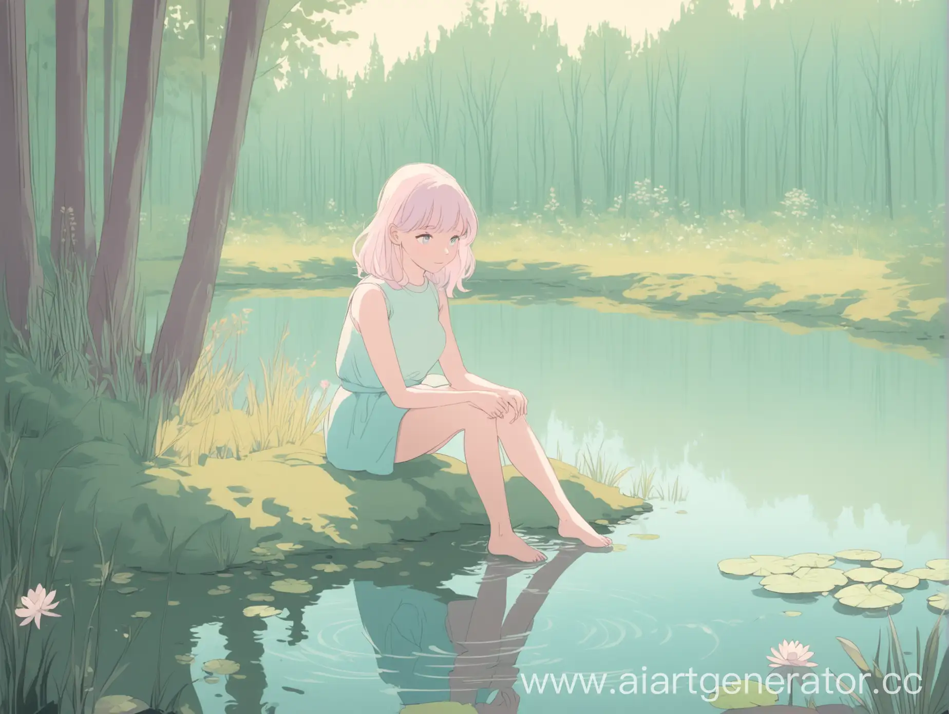 Girl-Sitting-by-Forest-Pond-with-Pastel-Palette