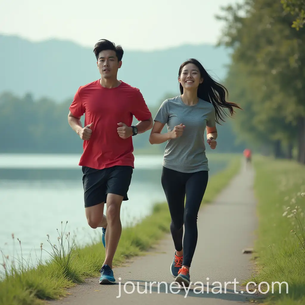 Athletic-Couple-Jogging-by-a-Lake-on-a-Sunny-Day