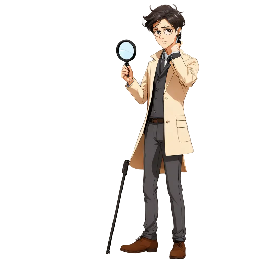 A detective is standing sideways holding his magnifying glass not lifted up as in a webtoon with a magnifying glass