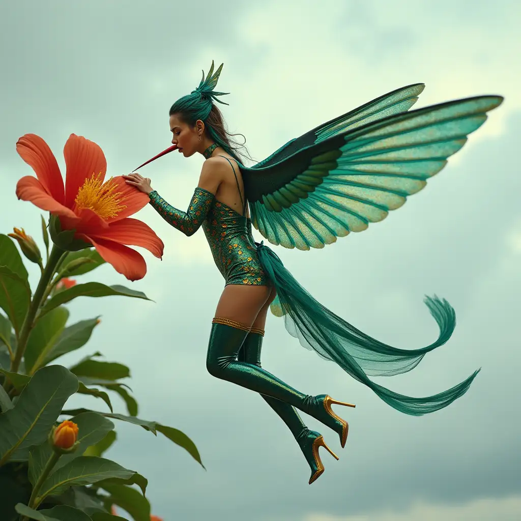 A photo of a woman with large, iridescent green-blue hummingbird wings and a long green-blue bird tail. She is flying by a giant flower and drinking nectar from the flower with her long tongue. She is wearing a golden patterned blue latex dress and golden patterned green latex thigh-high stiletto boots. The background contains a cloudy sky.