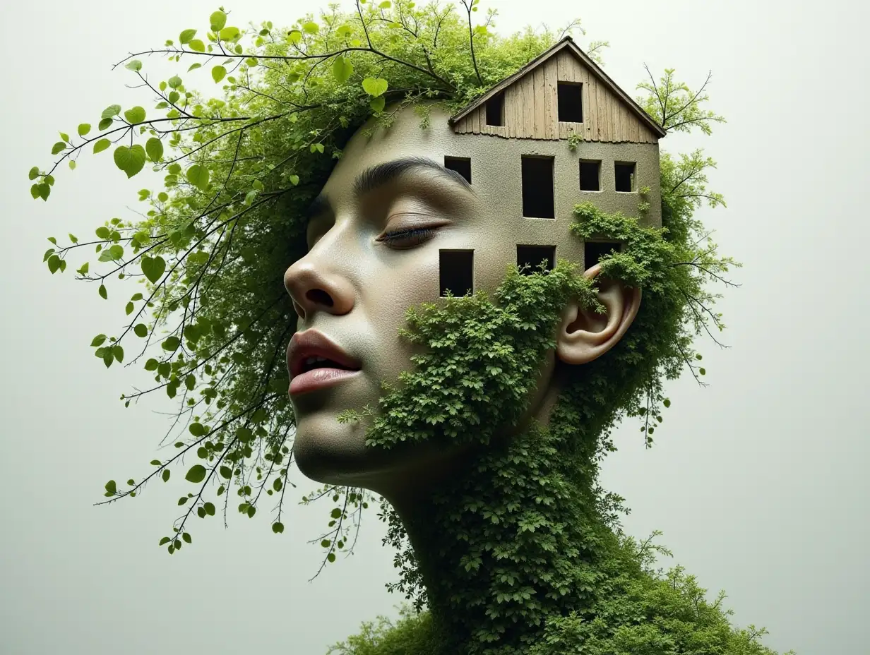 Face with hair transformed into building with plants