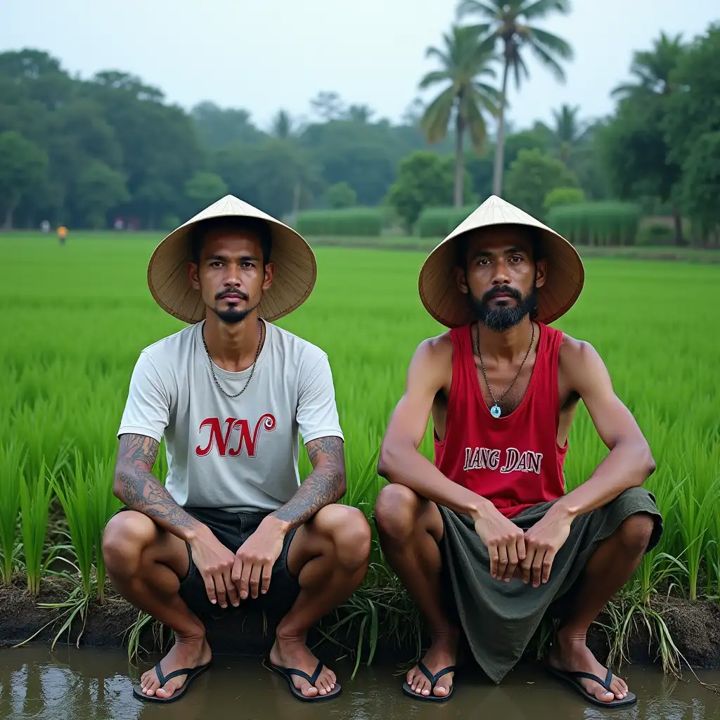 Two-Men-Relaxing-in-Rice-Field-with-Traditional-Conical-Hats-and-Casual-Attire