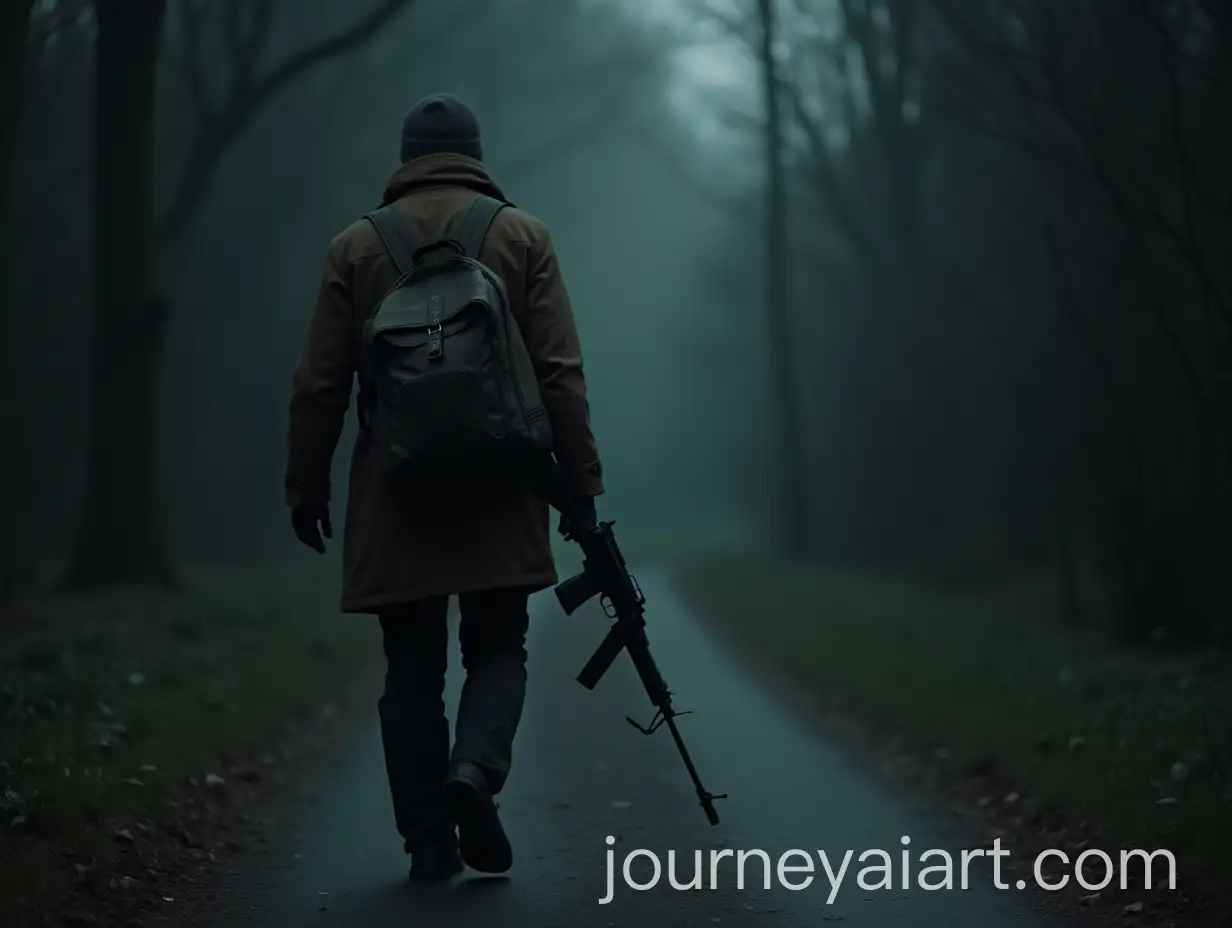 Homeless-Man-Carrying-Machine-Gun-Along-a-Dark-Path
