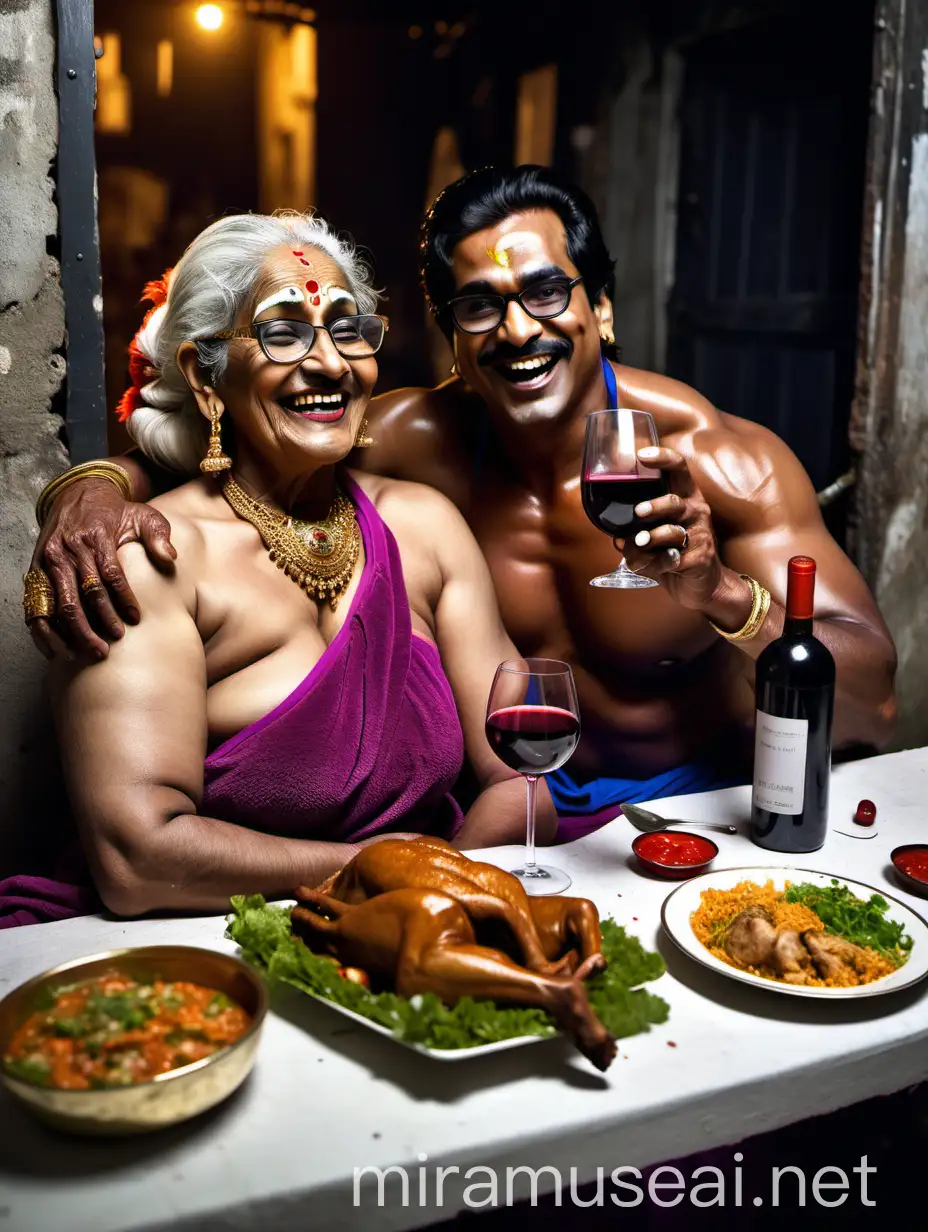 Indian Bodybuilder and Curvy Woman Enjoying Tandoori Chicken in Rainy Night Selfie