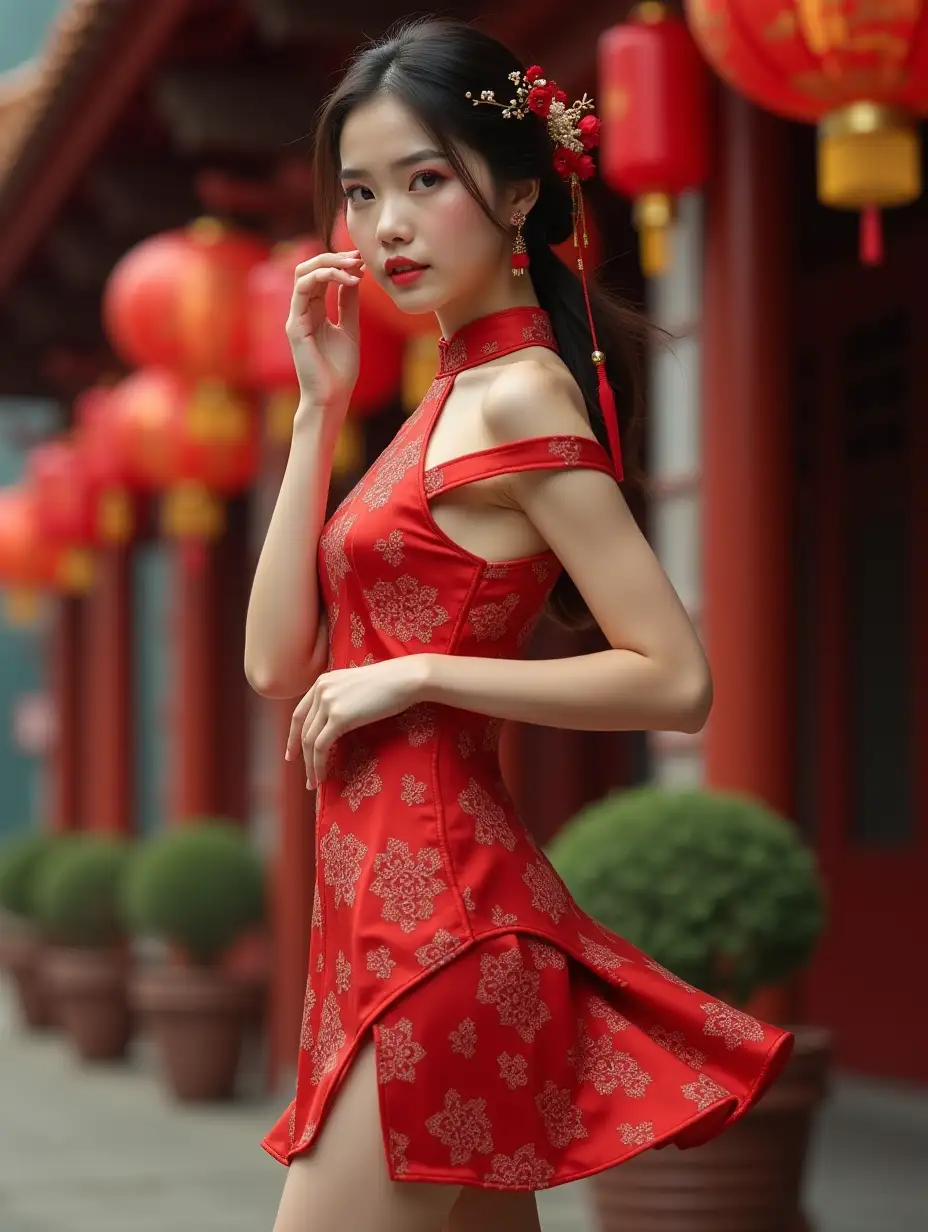 Young-Woman-in-Chic-Red-Ruby-Cheongsam-at-Spring-Festival-Event