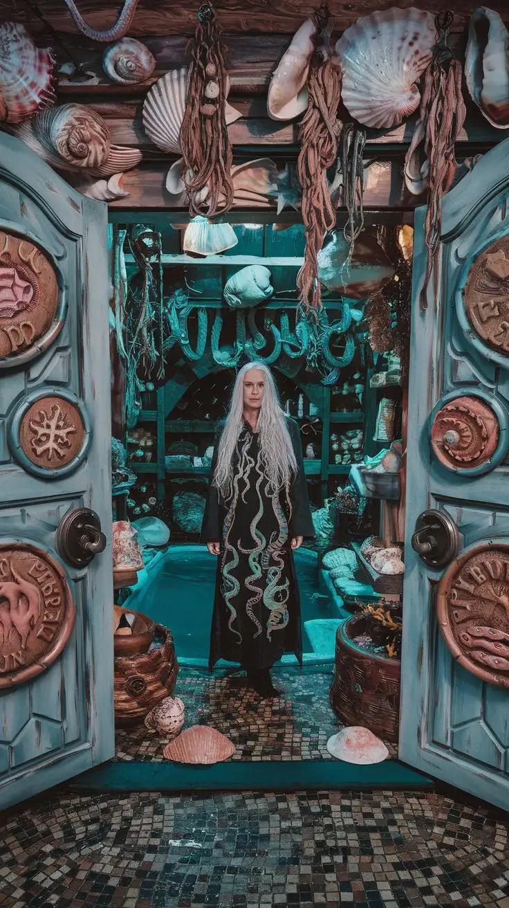 seashell shop with many shells and seaweeds, a pool in the back, carved doors with magical signs, colorful mosaic on the floor, a female witch standing with long white hair, wearing a long tunic adorned with wavy and octopus patterns, nordic, wet atmosphere, highly detailed, contrasted picture, photographic