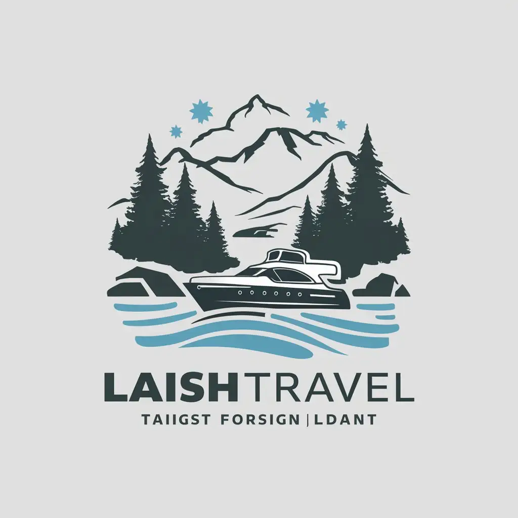 a vector logo design,with the text "LaishTravel", main symbol:Yacht river taiga forest rocks,Moderate,clear background