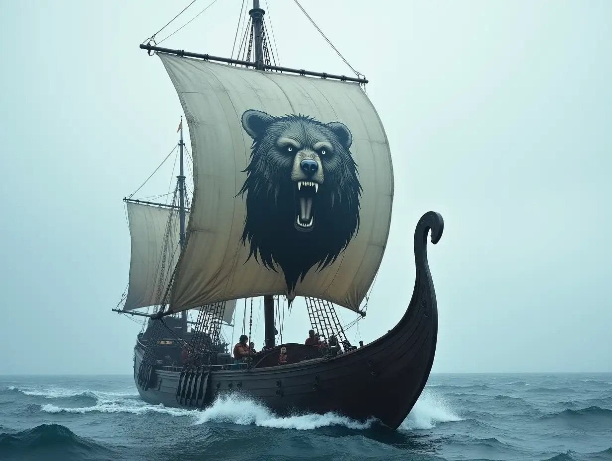 A Viking ship. A symbol of a snarling bear's head on the sail. Rough sea.