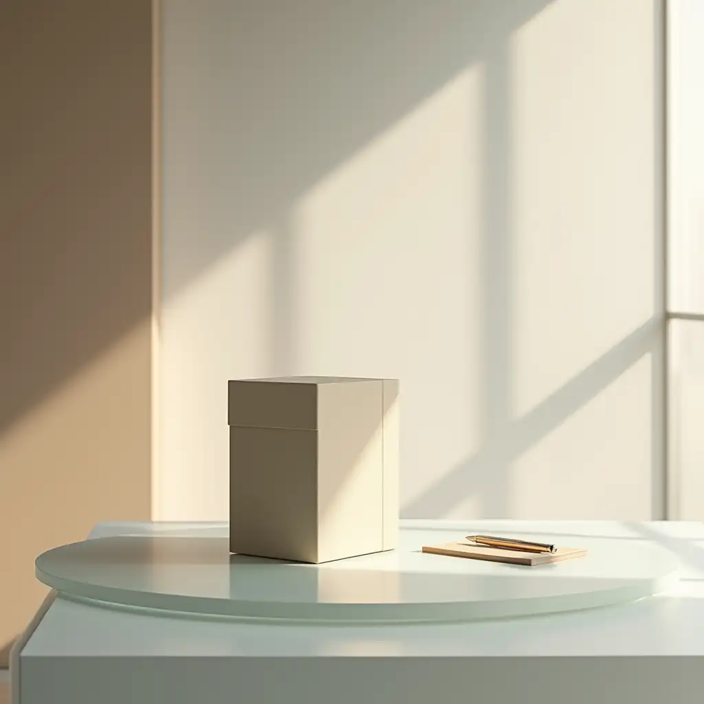 Luxurious-Minimalist-Packaging-Box-on-Elevated-Frosted-Glass-Table-with-Elegant-Props