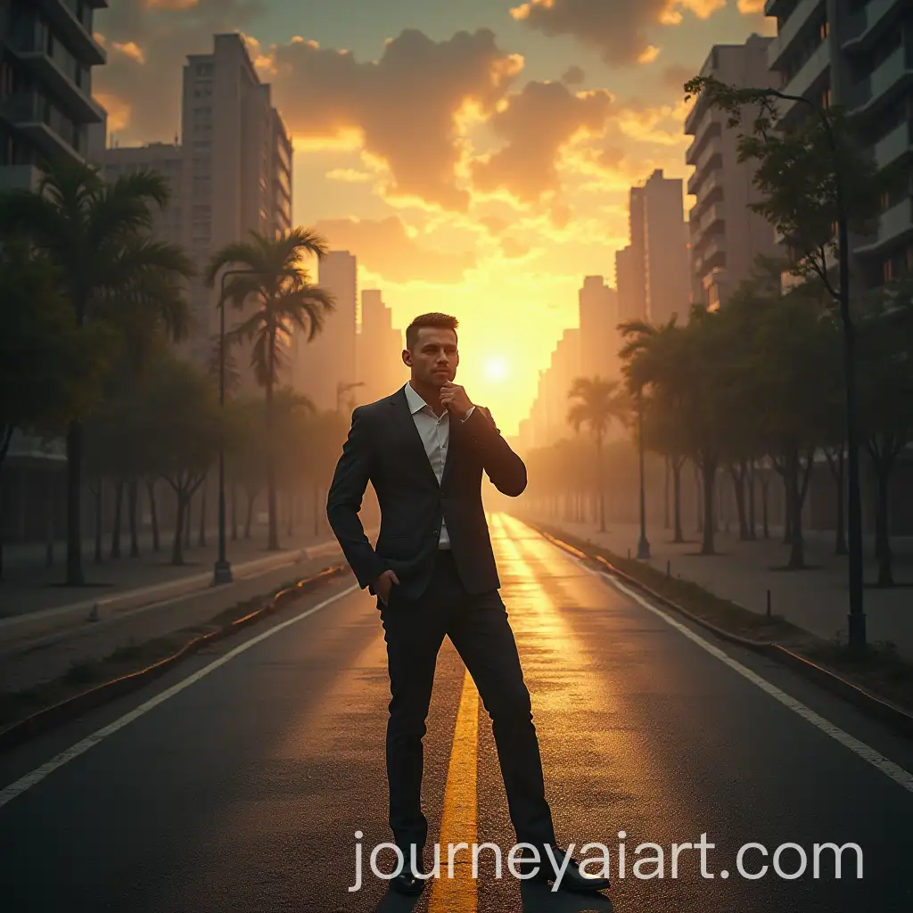 Man-Contemplating-at-Crossroads-Between-Luxurious-City-and-Chaotic-Alley