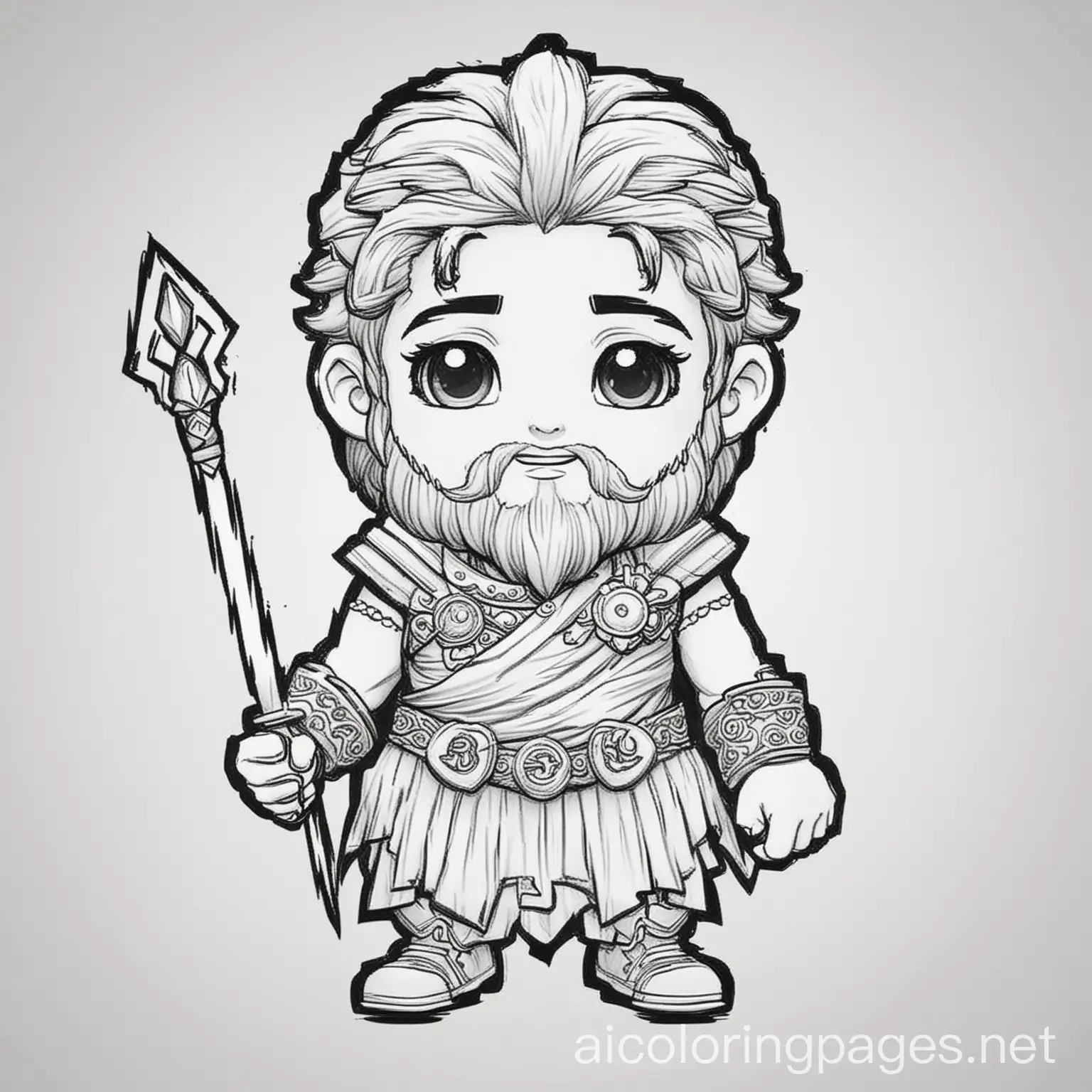 chibi zeus, Coloring Page, black and white, line art, white background, Simplicity, Ample White Space. The background of the coloring page is plain white to make it easy for young children to color within the lines. The outlines of all the subjects are easy to distinguish, making it simple for kids to color without too much difficulty