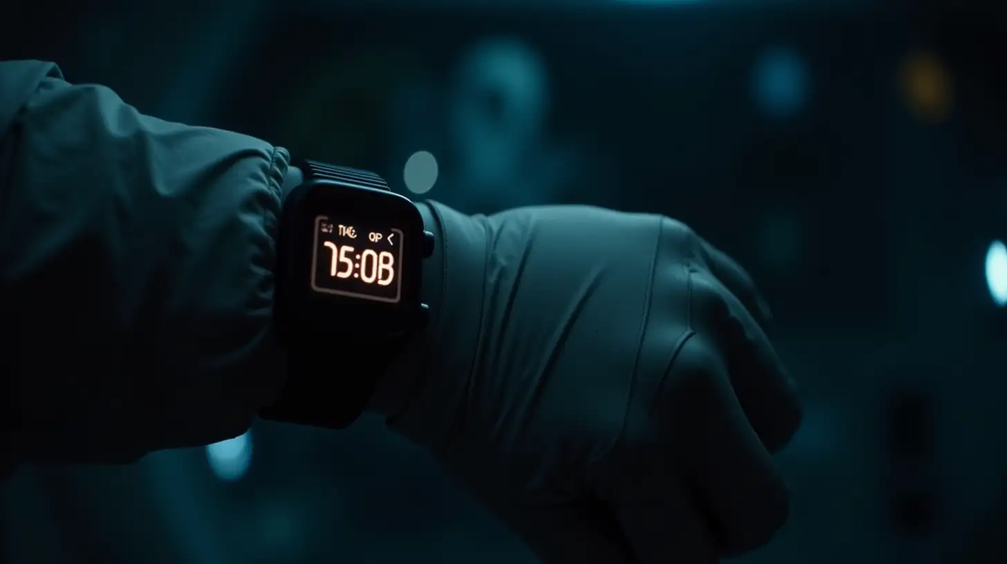 A close-up of a futuristic digital watch on an astronaut’s wrist, glowing faintly in the dim interior of the escape pod. The display shows time and vital signs, casting a soft light on the astronaut's glove.