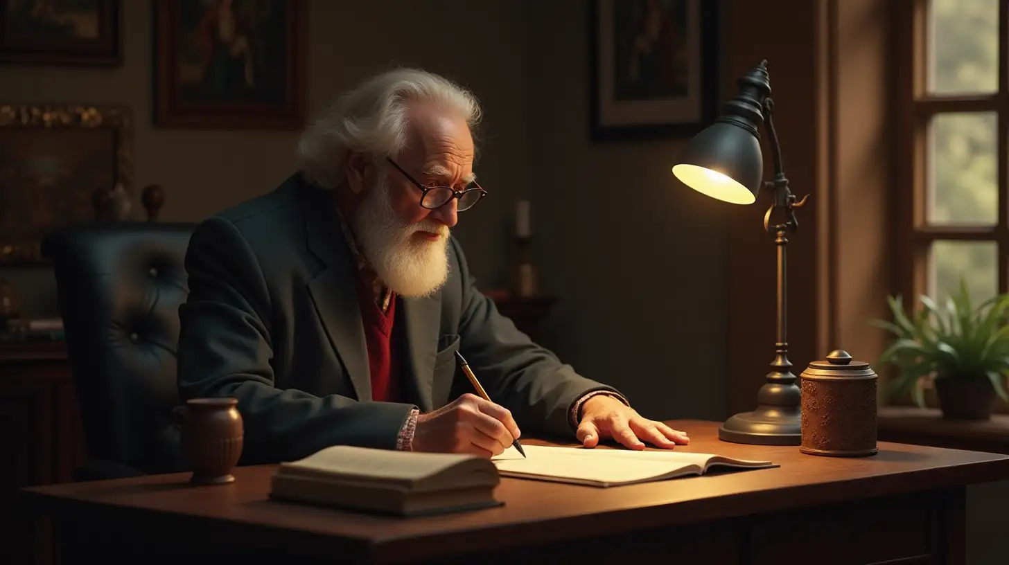 Wise Old Man Writing a Parable at Desk