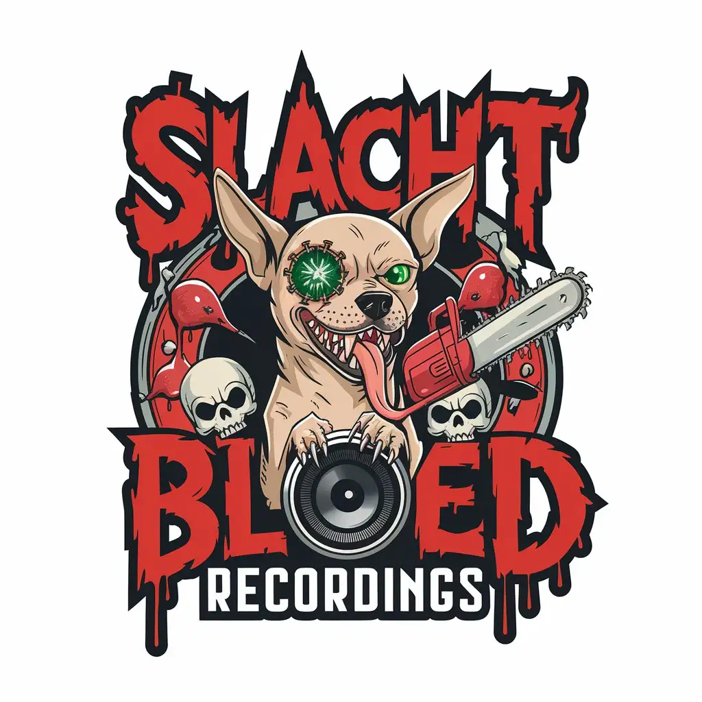 LOGO Design for Slacht Bloed Recordings Aggressive Chihuahua Chainsaw Blood and Skulls with Cyber Elements