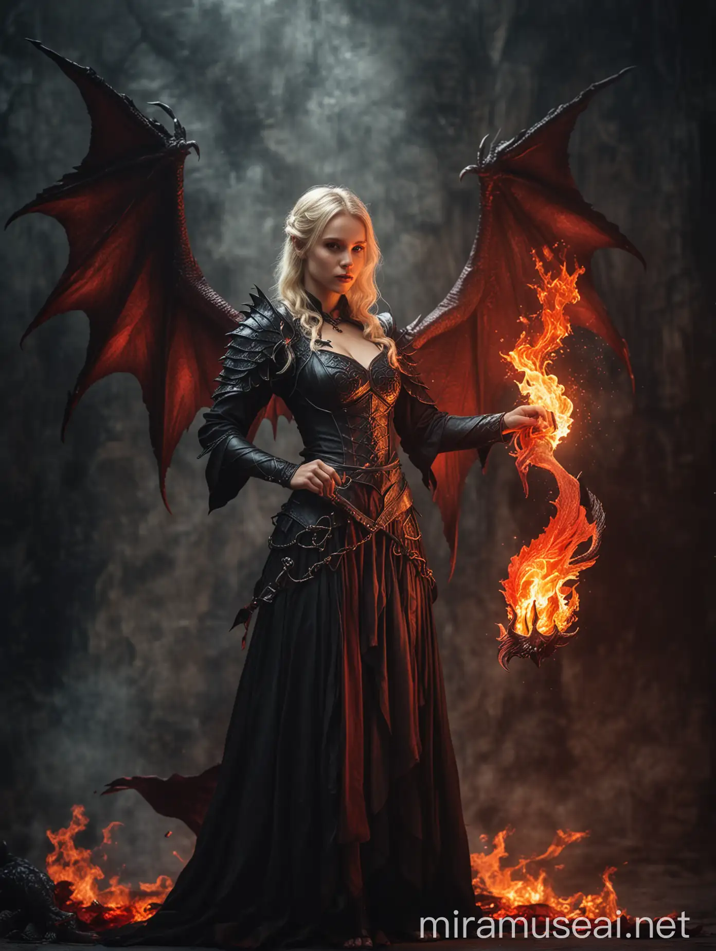 Dark Fantasy Young Female Blond Sorcerer with Dragon Wings and Fire