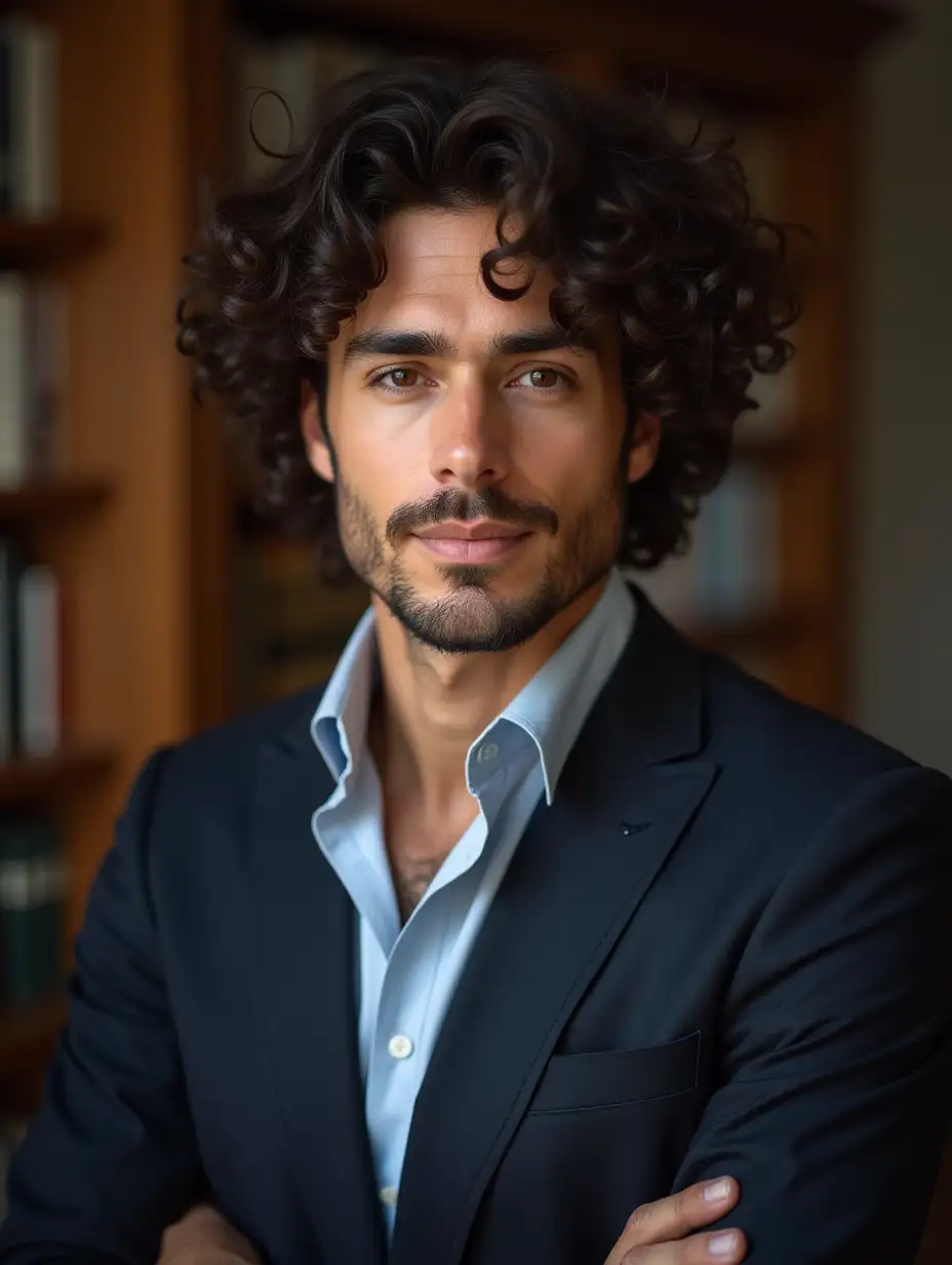 a curly-haired handsome man, with dark hair, lawyer