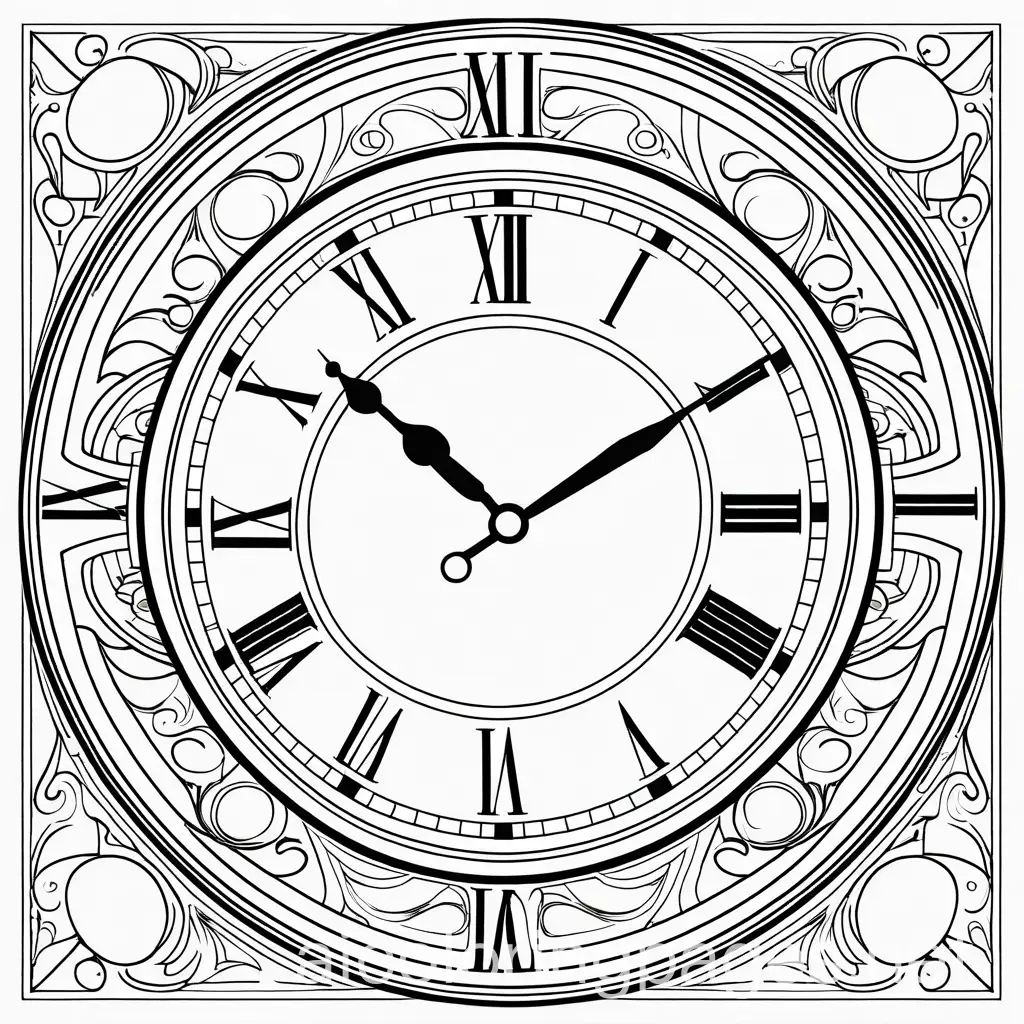 A giant elegant old clock, basic simple outlines, basic simple drawing, plain white background, no fill, Coloring Page, black and white, line art, white background, Simplicity, Ample White Space. The background of the coloring page is plain white to make it easy for young children to color within the lines. The outlines of all the subjects are easy to distinguish, making it simple for kids to color without too much difficulty