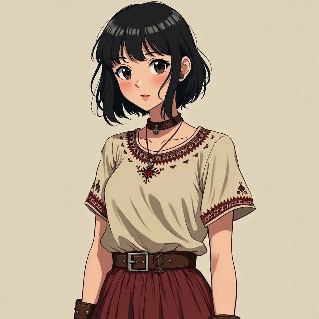 anime concept art of a perky and cheerful masochist young woman average but wholesome looking with black hair and uneven bangs. The eyes are bright and with heavy black eyeliner. Dressed in a spacious old-fashioned outfit with northern ethnic or hippie elements with folk patterns - a t-shirt or a blouse, a very long skirt. Wears BDSM accessories - leather handcuffs etc.