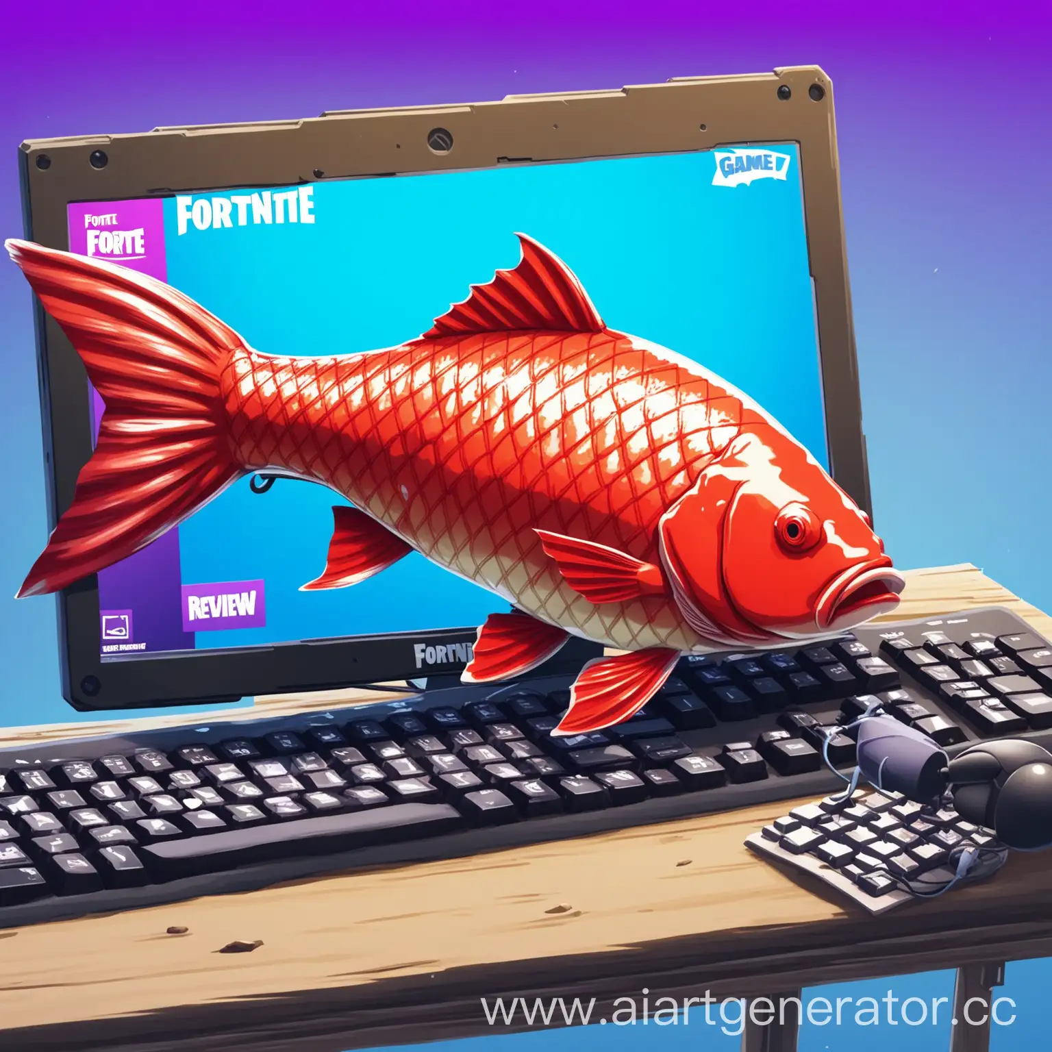 карась из игры Fortnite который держит в руках компьютерную клавиатуру для обзора