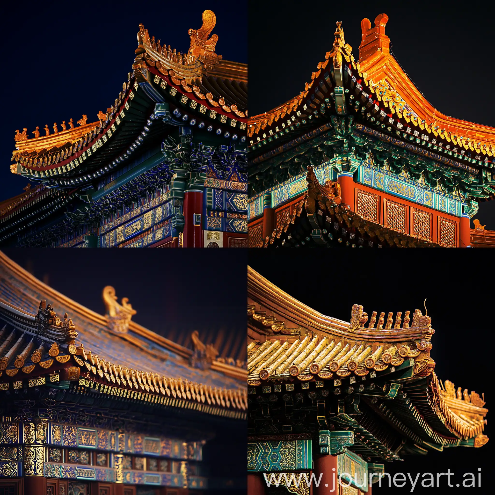 Closeup-of-Chinese-Palace-Roof-at-Night