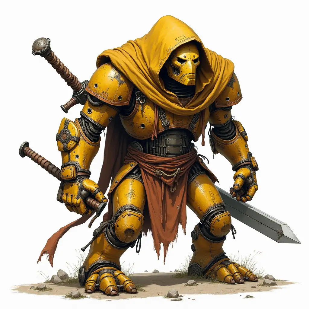 A rusty golden Warforged with rags on and a shabby hood on its head, carries a two-handed sword on his back and has a large robotic, muscular face, drawn in half-length