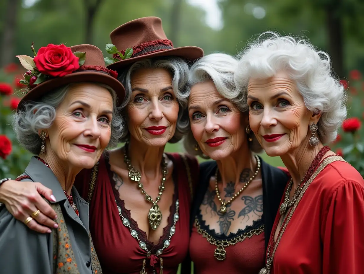 Four 80-year-olds, with round, rusty and white hair, wearing a red and gray blouse, a slight smile on their faces, tattoos, with a retro mini hat with flowers, red lipstick that accentuates their smile, modern jewelry and more, in a park with many roses Steampunk 8k quality