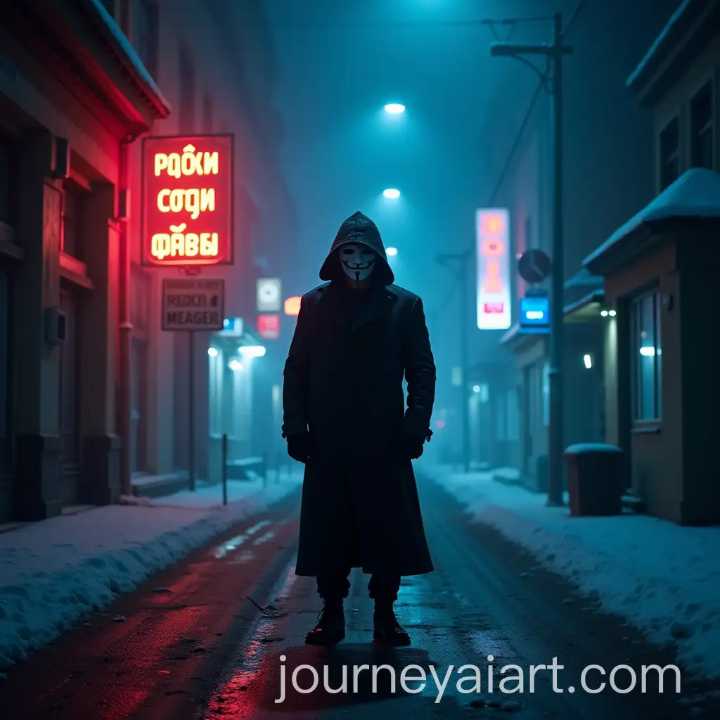 Masked-Man-in-Black-Trench-Coat-on-Snowy-Eastern-European-Street-at-Night