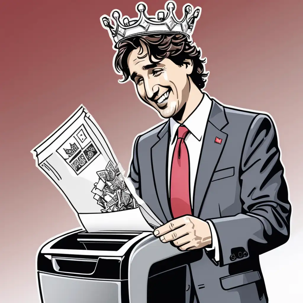 Justin Trudeau Playfully Shredding Paper in a Crown as a Political Cartoon